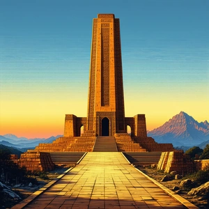 Urban Linocut Print: Historic Monument With (sunset:1.18) Glow With Tall, Stone