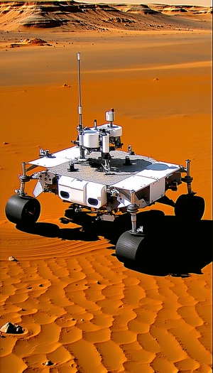 A Large Robotic Vehicle With A White And Orange Color Scheme, Sitting On A Red Dirt Surface