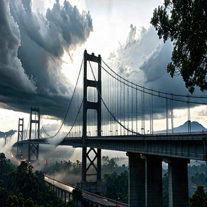 Urban Etching: Iconic Bridge With Dramatic Clouds With Bridge Seen