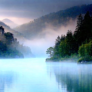 Nature Lithograph: (mist:1.31) over alpine lake