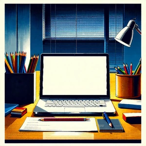 Business Woodcut Print: Workplace With (modern:1.14) Office Supplies On Desk With Laptop Computer