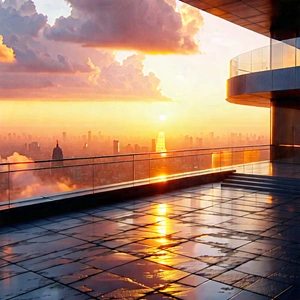 Urban 3D Render: Observation deck with sunset glow