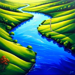 Nature Acrylic Painting: Aerial view of winding (river:1.39)