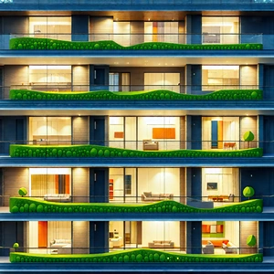 Urban Infographic Style: Modern Apartment Complex With Green Rooftop With Large Building