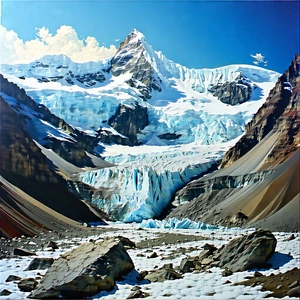 Nature Lithograph: Glacier In Dry Season With Majestic Mountain