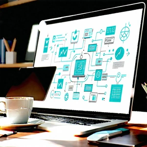 Business Diagram Style: Workplace With Laptop And Coffee On Desk With Laptop Computer