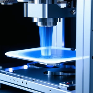 A Machine Is Shown In The Image, With A Blue Light Shining On A White Plate