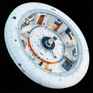 The Image Is A 3d Model Of A Space Station, Showcasing Its Interior