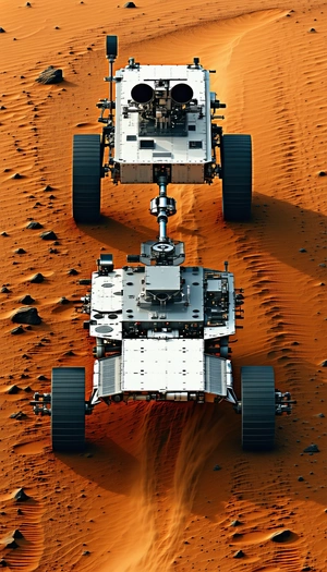Two Large, White, And Silver Robots Standing On A Red Dirt Surface