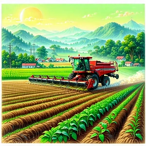 Tech Pastel Drawing: Agricultural Technology In Manufacturing Facility With Painting Tractor