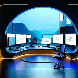 Futuristic Digital Workspace With Image, There