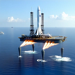 A Large Space Shuttle On A Floating Platform In The Ocean