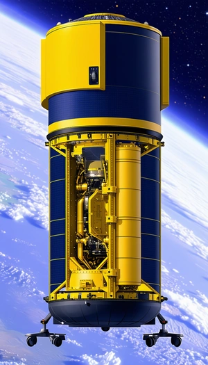 A Large Yellow Spacecraft Is Shown In A Close-up View