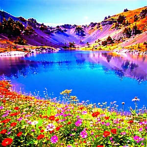Nature Landscape Photography: Crystal Clear Lake Surrounded By Wildflowers With Beautiful Lake