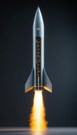 A Rocket Ship With Its Engine On, Flying Through The Sky
