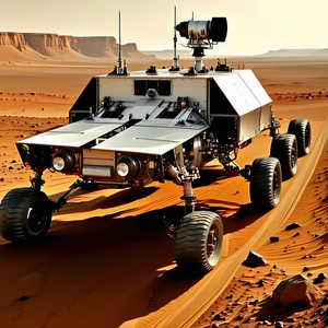 A Large, White, And Silver Vehicle Is Driving On A Dirt Road