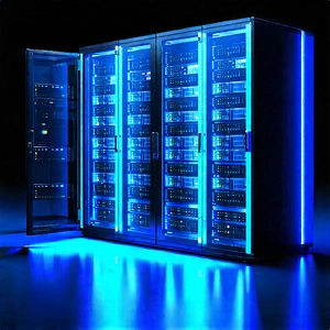 Server Rack With Blue Light Glow With Large Blue