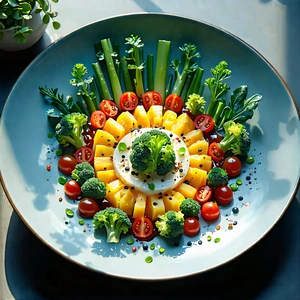 Lifestyle Pastel Drawing: Plant-based Dish Prepared With Seasonal Produce With Large, Colorful