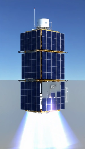 A Spacecraft Is Shown In A Close-up View, With Its Solar Panels And Other Components Clearly Visible