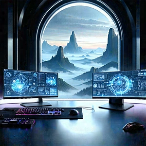 Futuristic (digital:1.46) Workspace With Computer Desk