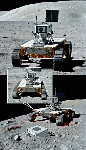 The Image Is A Collage Of Three Pictures Of A Robotic Vehicle On The Moon