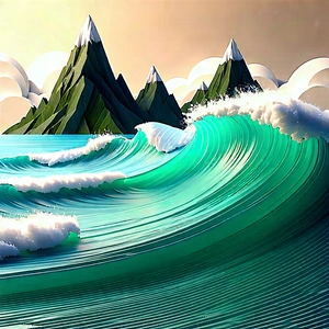 Nature Blender Artwork: Ocean Waves Surrounded By (mountain:1.32) Peaks With Large, Colorful