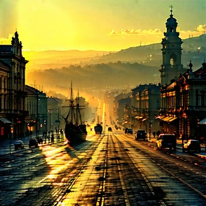 Urban Etching: Cityscape of historic city center during sunrise