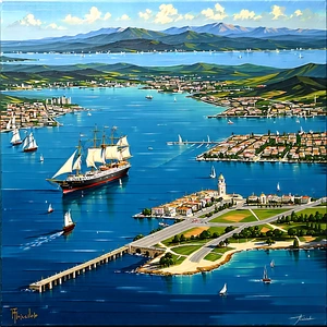 Urban Oil Painting: Aerial View Of Harbor District With Painting Large