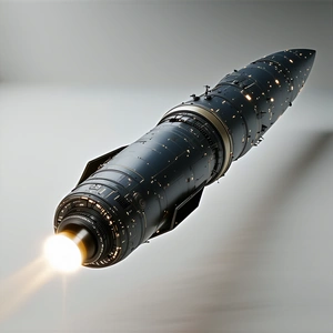 A Black Missile Is Shown In A Close-up View, With A Bright Light Shining From The Front