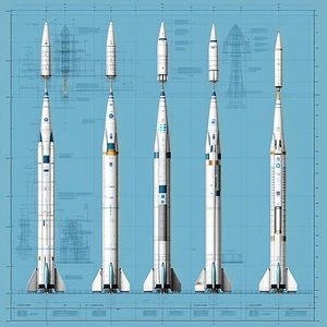 A Series Of Three White Rockets, Each With A Different Design, Lined Up Next To Each Other