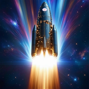 A Rocket Ship Flying Through The Sky, Leaving A Trail Of Light Behind It