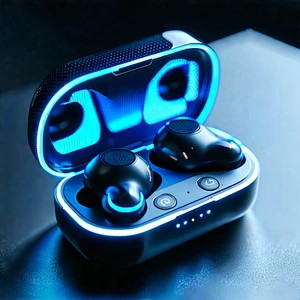 Tech Geometric Design: Wireless Earbuds With Glowing Screen With Pair Blue