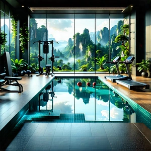 Lifestyle Landscape Photography: Wellness Scene With Fitness Equipment With Large Indoor