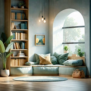 Lifestyle Isometric Design: Reading Nook With Minimalist Decor With Image, There