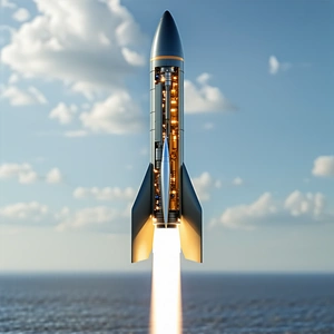 A Rocket Launching Into The Sky, With Its Booster Rocket Attached