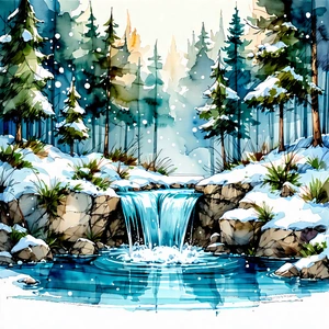 Nature Ink Drawing: Waterfall Pool Surrounded By Snow-covered Trees With Image, There