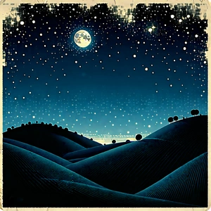 Nature Woodcut Print: Rolling Hills During Night With Image, There