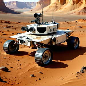 A White Robotic Vehicle Is Parked On A Dirt Road In A Desert-like Environment