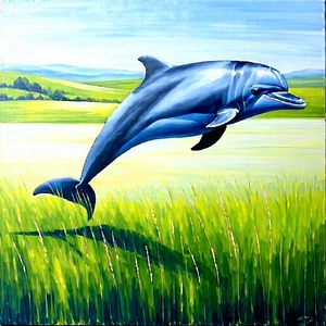Nature Acrylic Painting: Dolphin In Prairie Grassland With Blue Dolphin