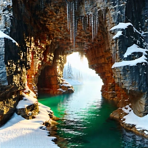 Nature Abstract Design: Cave Entrance In Winter Snow With Image, There