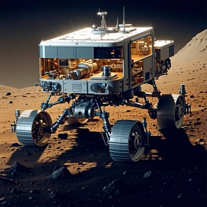 A Large, Futuristic Vehicle Is Parked On A Rocky Surface, Possibly On A Distant Planet
