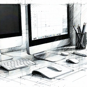 Business Pencil Sketch: Workplace With (digital:1.44) Devices On Desk With Image, There