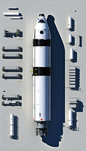 A Large White Rocket Is Parked On A Runway, Surrounded By Several Other Rockets