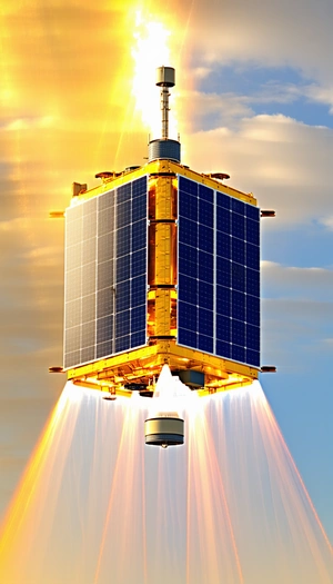 A Spacecraft With A Solar Panel On Its Side, Flying Through The Sky
