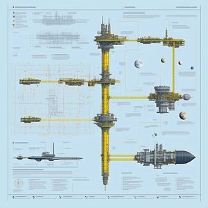 A Large, Detailed Drawing Of A Space Station Is Displayed On A Blue Background