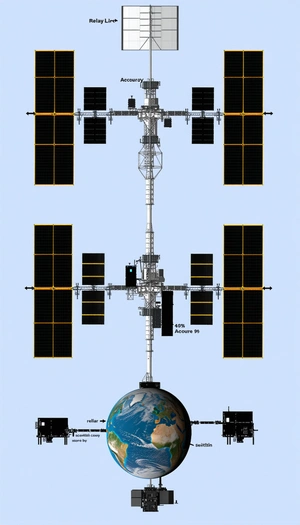 A Space Station Is Shown In A Blue Background With A Large Globe In The Foreground