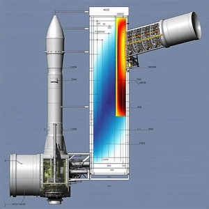 A Rocket Is Shown In A Blue And White Drawing, With The Rocket's Engine And Fuel Tanks Visible