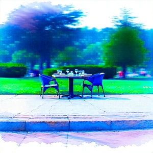 Urban Watercolor Painting: City Park With Outdoor Dining With Dining Table