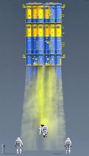 A Large, Yellow And Blue Rocket Ship With A Long, Yellow And Blue Exhaust