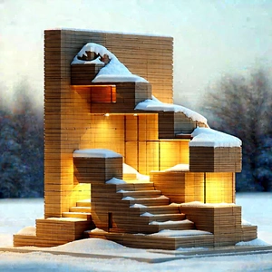 Urban Isometric Design: Modern Sculpture With (snow:1.23) Covering With Unique Intricate